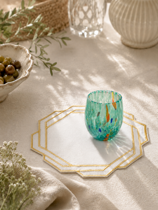 Keten Sarı Nakışlı Bardak Altlığı (2'li Set)