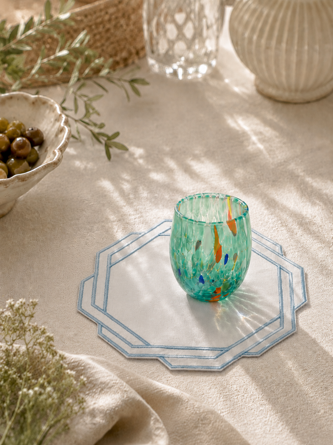 Keten Mavi Nakışlı Bardak Altlığı (2'li Set)