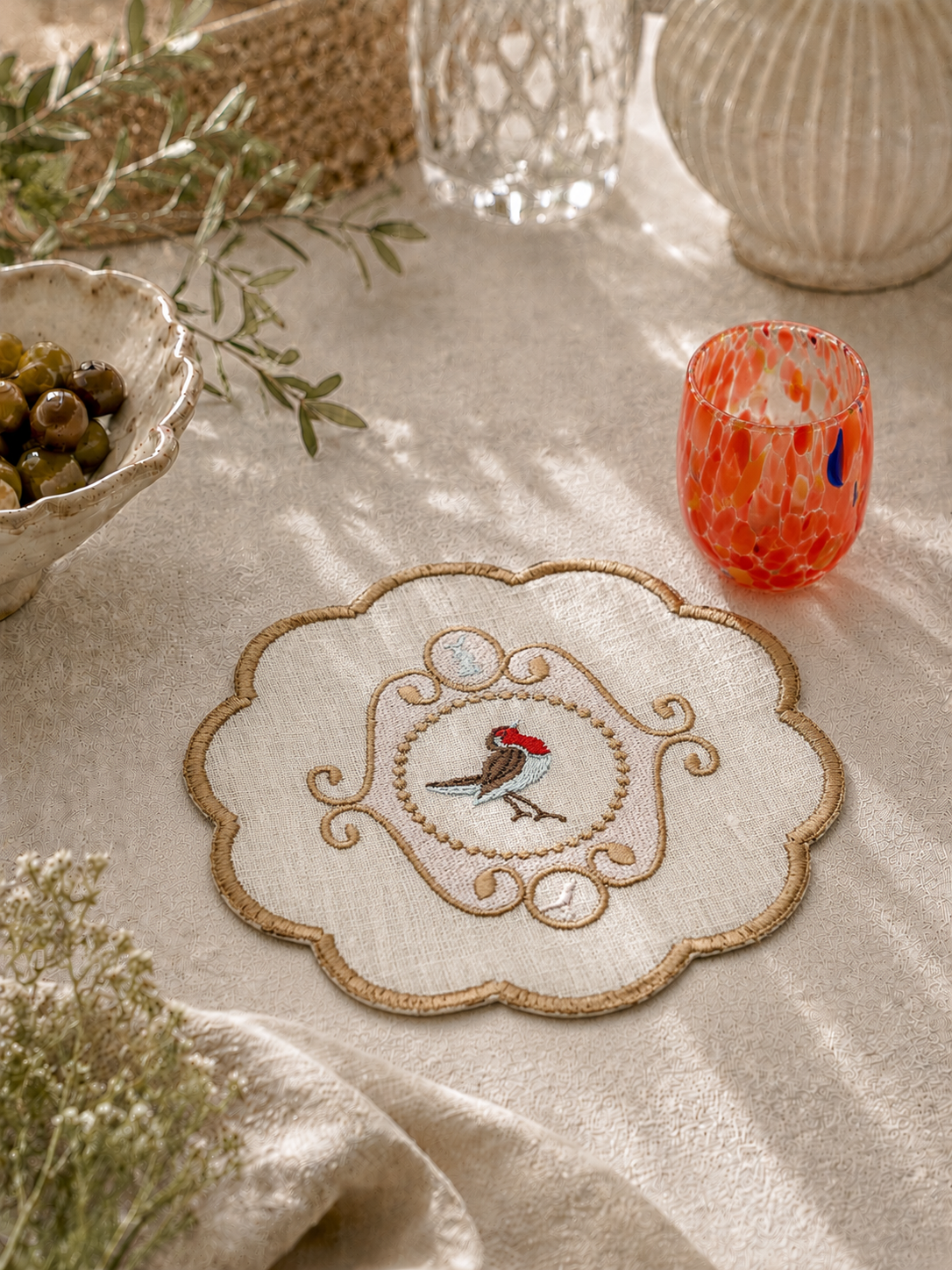 Keten Krem Bardak Altlığı (2'li Set)