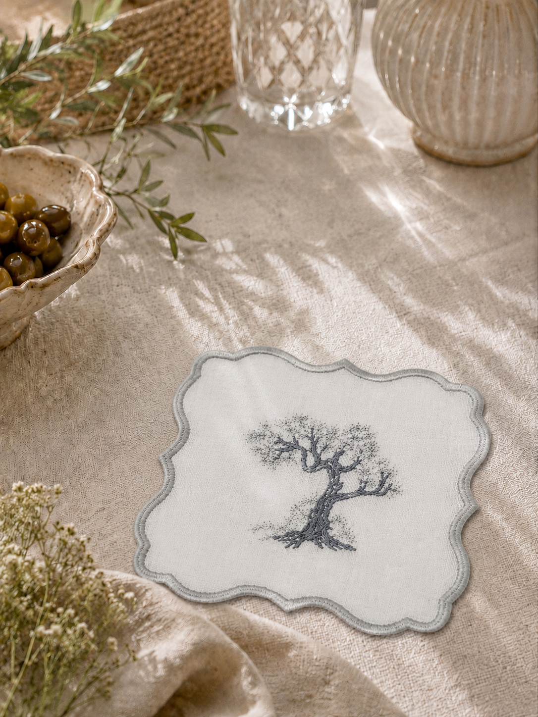 Ağaçlı Gri Keten Bardak Altlığı (2'li Set)