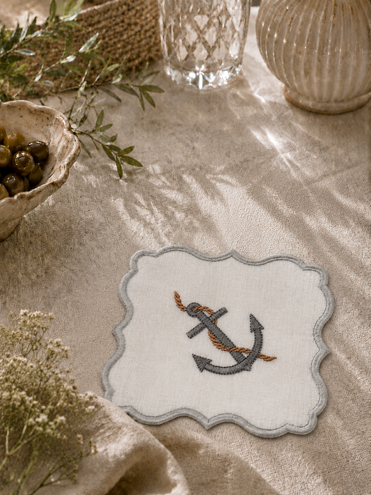 Deniz Çapası Gri Keten Bardak Altlığı (2'li Set)